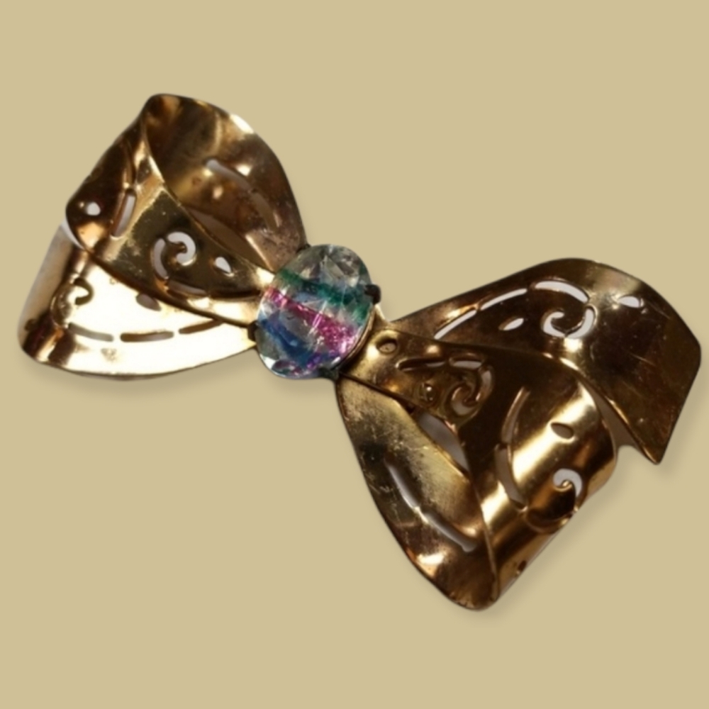 Vintage Rare Coro Glass Stone Goldtone Bow Brooch With Pegasus Hallmark